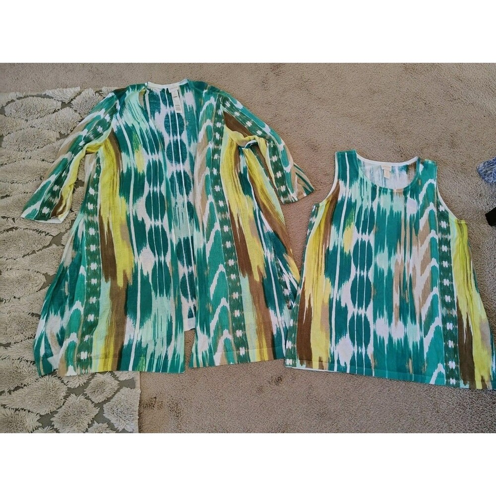 Chico's Okay Print Longline Open Cardigan Matching Tank Top Teal Green Size 2... - Picture 3 of 8